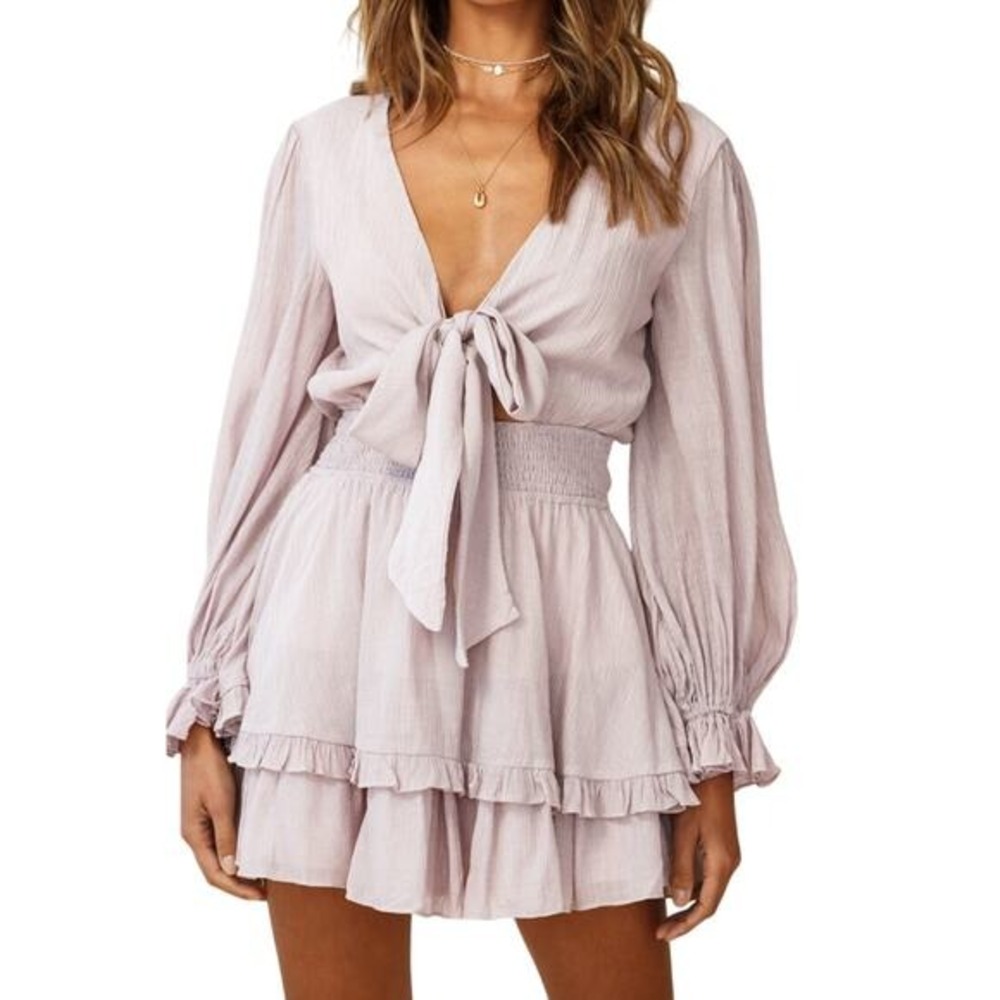 Angel Biba Mauve Ruffle Mini Romper Dress Long Balloon Sleeve Front Tie Small - Picture 2 of 14